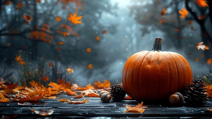 A pumpkin resting on a wooden table, surrounded by acorns and pinecones, blurred background of a warmly lit room, soft light illuminating autumn leaves, cozy and tranquil autumn setting.