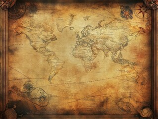 Fototapeta premium Vintage World Map with Compass Roses and Ornate Frame - Antique Cartography Background