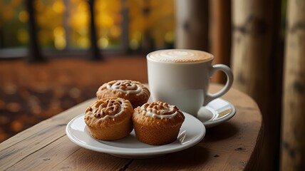 Latte on a Table with Baked Goods on the Side, Cozy Autumn Season Scene