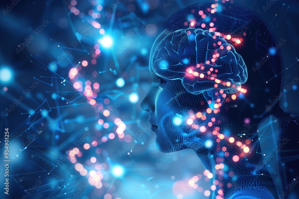 Poster futuristic digital art of human brain with neural networks and data.