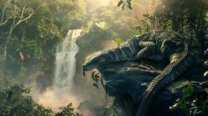 Titanoboa basking in the sunlight on a large rock by a waterfall with its scales reflecting the light beautifully The surrounding jungle is lush and green creating a serene yet intimidating atmosphere