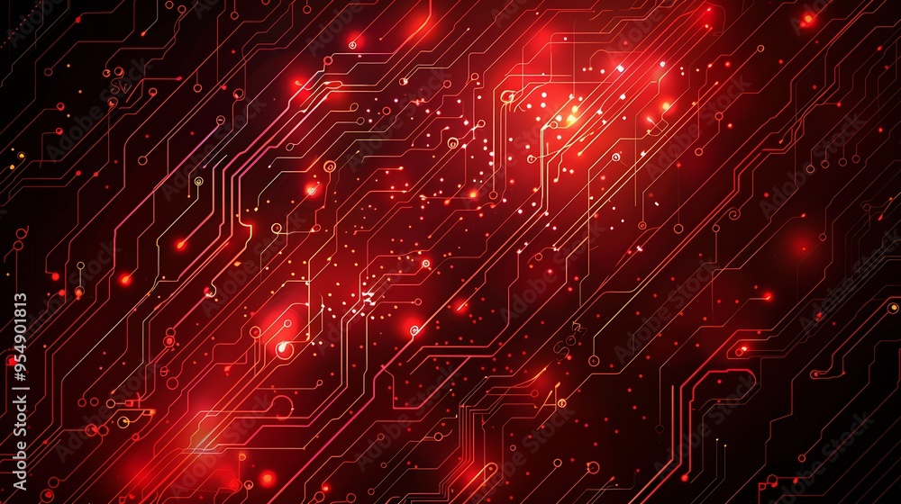 Poster abstract background image featuring a glowing red circuit board with intricate wiring and connection
