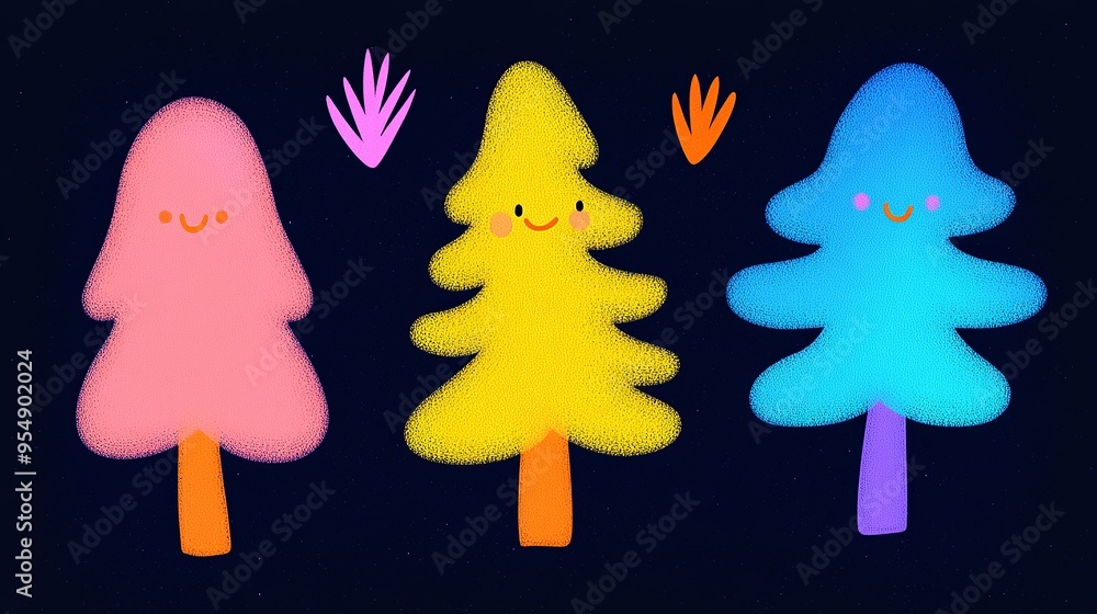 Poster vibrant abstract painting featuring playful tree characters in a colorful gradient perfect for mobil