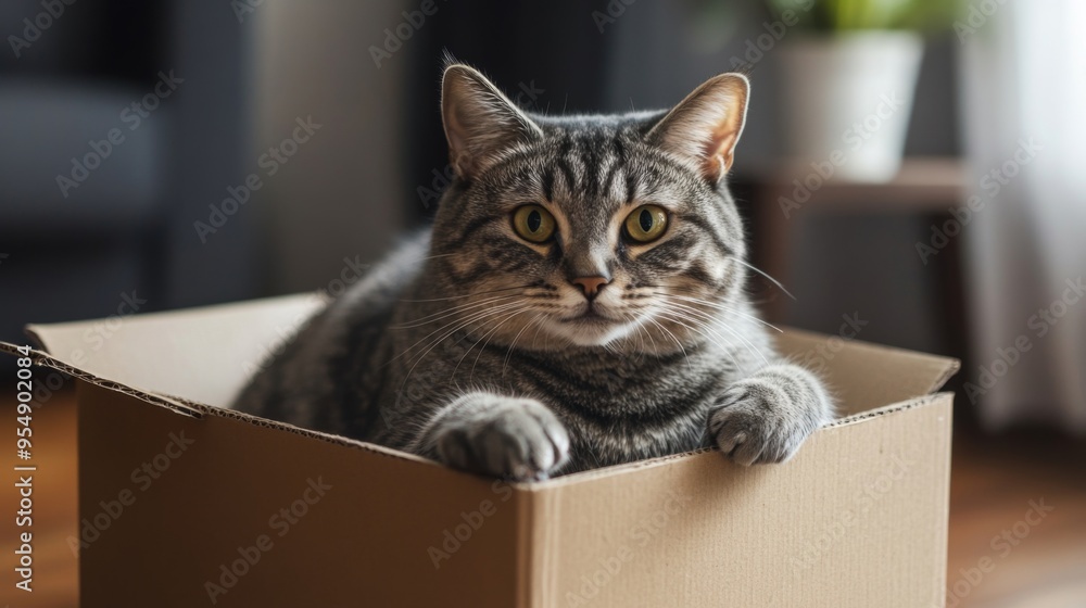 Poster a fat gray tabby cat sitting in a small cardboard box, clearly too big for it, with a playful expres