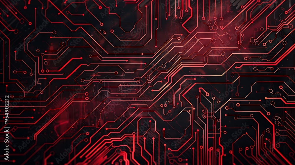 Poster close-up of a red circuit board with intricate patterns and lines. the background is dark, creating 