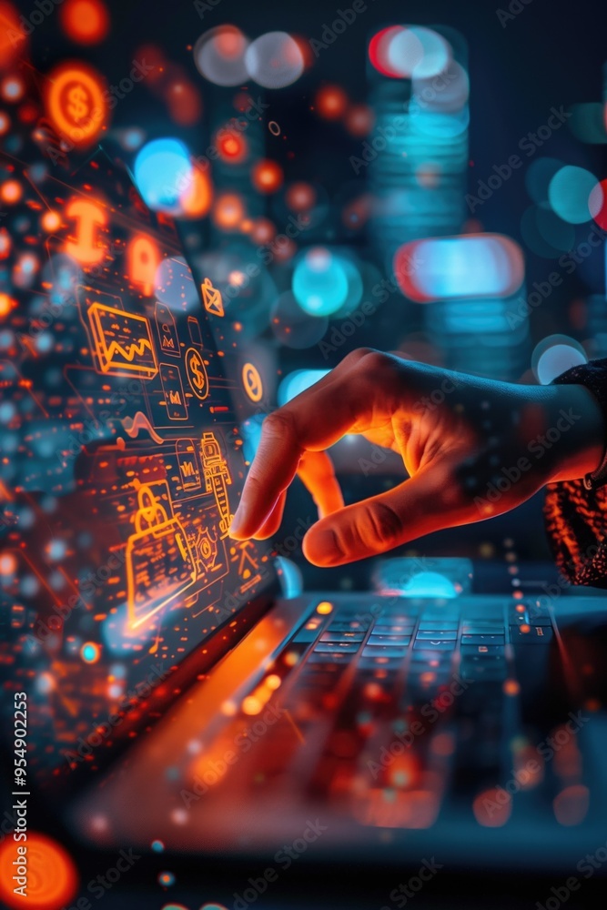 Poster hand interacting with futuristic digital interface on laptop, symbolizing data security and technolo