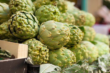 Fototapeta premium Fresh artichokes on market counter