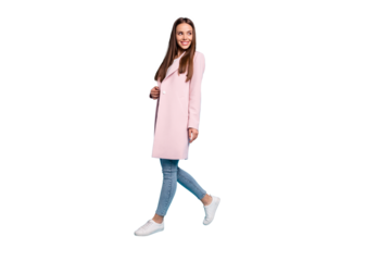 Full body profile photo of amazing lady in good mood going shopping wear demi-season coat and jeans isolated blue background