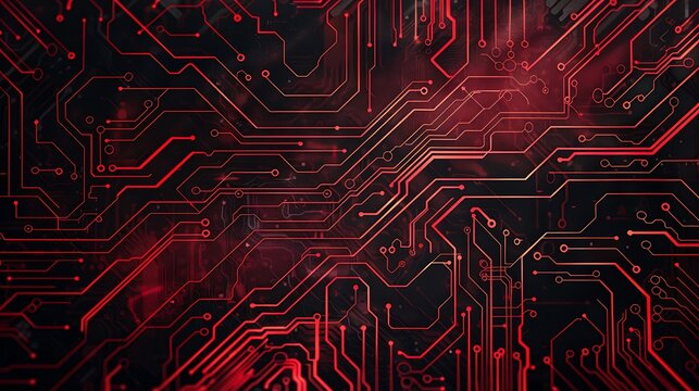 Close-up of a red circuit board with intricate patterns and lines. The background is dark, creating a stark contrast that highlights the glowing red circuitry.