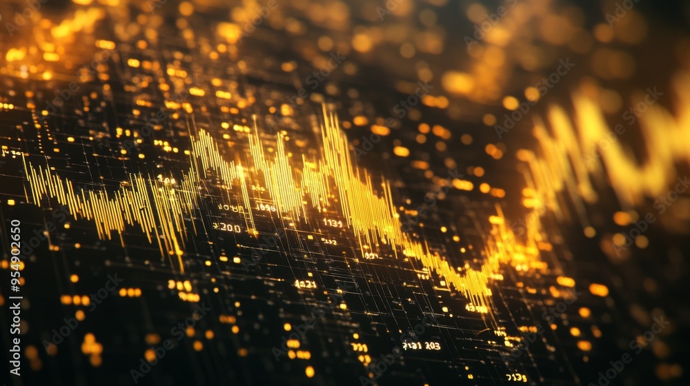 Poster a fluctuating gold price graph on a black background, with gold lines and data points, symbolizing t