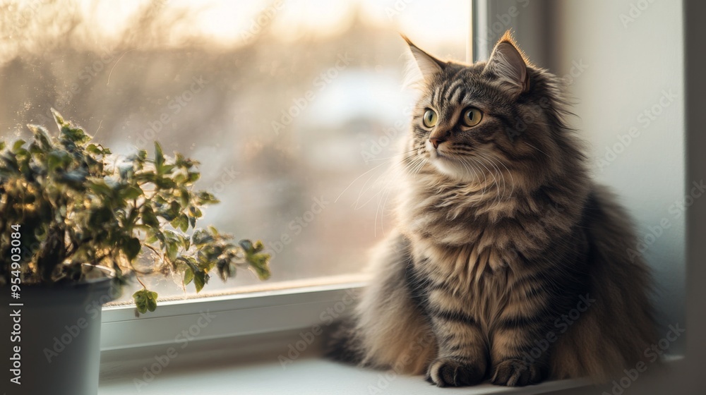 Poster a fluffy cat sitting on a windowsill, gazing out at the world with a serene expression, bathed in so