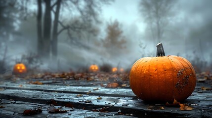 A single pumpkin resting on a rustic table, with a blurred background of an overgrown pumpkin patch, soft light of dusk creating a warm glow, mist swirling around, peaceful yet eerie Halloween scene.