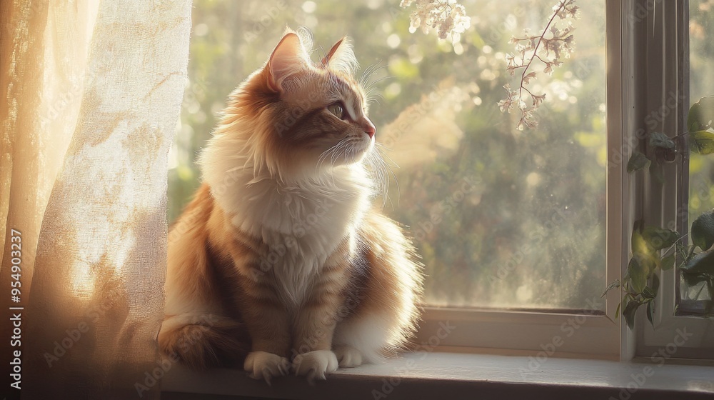 Poster a fluffy cat sitting on a windowsill, gazing out at the world with a serene expression, bathed in so