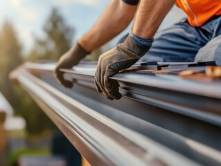 Professional Roofer Installing Gutter System