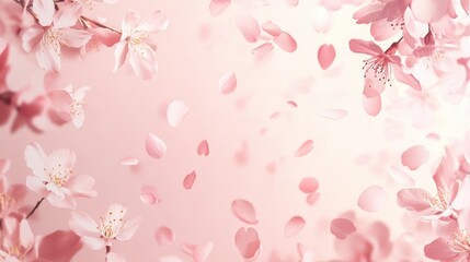 Pink Cherry Blossom Petals Falling on a Light Pink Background.