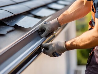 Professional Roofer Installing Gutter System
