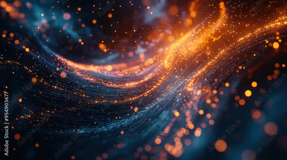 Poster abstract dark blue and orange bokeh background with swirling light particles.