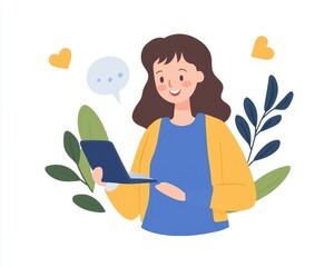 A cheerful woman using a laptop, surrounded by plants and hearts, representing digital communication and modern lifestyle.