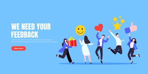 Employee feedback work satisfaction survey business concept flat vector illustration. Employee or customer feedback rating opinion with people and social icons - thumb, smile emoji, stars and heart.