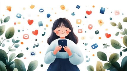 A cheerful girl holds a smartphone surrounded by various social media icons, symbolizing digital communication and connection.