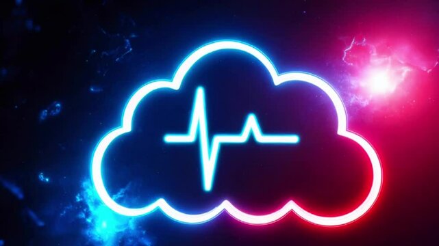 Blue Neon Heartbeat Icon Inside A Cloud Shape Against A Dark Blue And Pink Background.