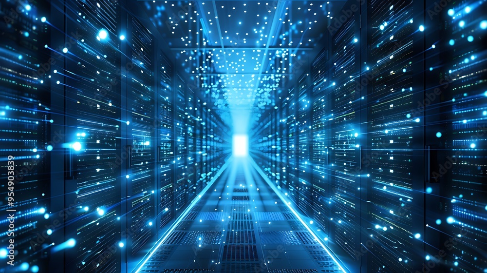 Poster futuristic perspective inside a data center showcasing rows of servers with bright blue lights repre
