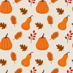 Obraz premium Autumn seamless pattern with pumpkins, plants, leaves on light background Illustration for wallpaper, wrapping paper, fabric, seasonal holidays Vector style