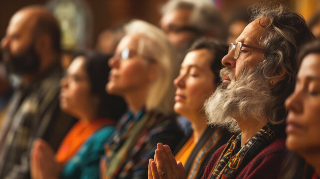 Diverse group of people meditating in a serene indoor setting