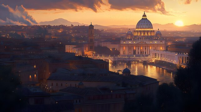132. **Render the Vatican City with its grand St. Peter's Basilica and the surrounding piazza bathed in the light of the setting sun.**