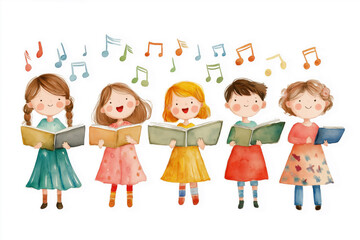 Children choir illustration. Watercolor. 