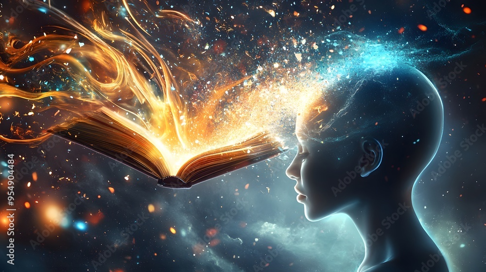 Poster knowledge exploding from book into mind.