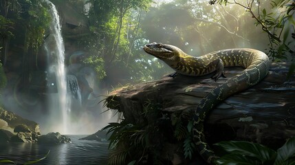 Titanoboa basking in the sunlight on a large rock by a waterfall with its scales reflecting the light beautifully The surrounding jungle is lush and green creating a serene yet intimidating atmosphere