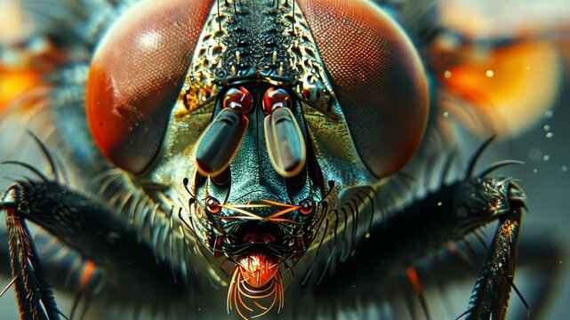 Macro photograph of a housefly head with detailed compound eyes and antennas, close-up view. Nature and entomology concept