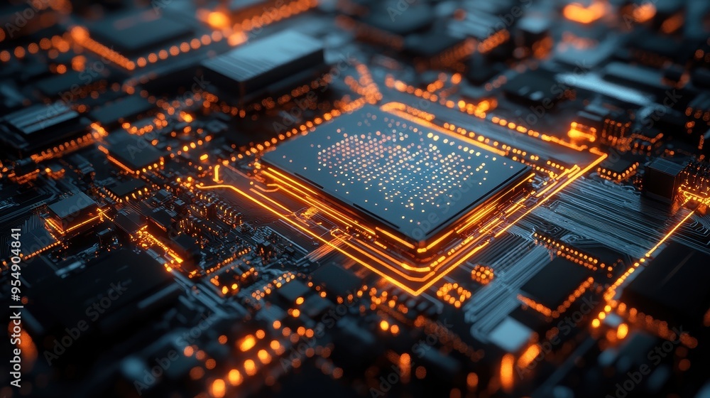 Poster close-up of a lit-up cpu on a computer motherboard - high-tech and futuristic concept