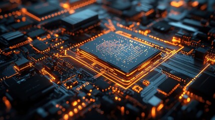 Obraz premium Close-up of a lit-up CPU on a computer motherboard - high-tech and futuristic concept
