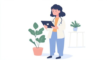 A female doctor with a stethoscope examines data on a tablet, surrounded by indoor plants, reflecting a healthy environment.