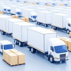 A fleet of cargo trucks lined up with shipping boxes ready for transport, illustrating logistics and supply chain management.