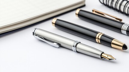 Naklejka premium Create a white background scene with a collection of high-quality pens and notebooks.