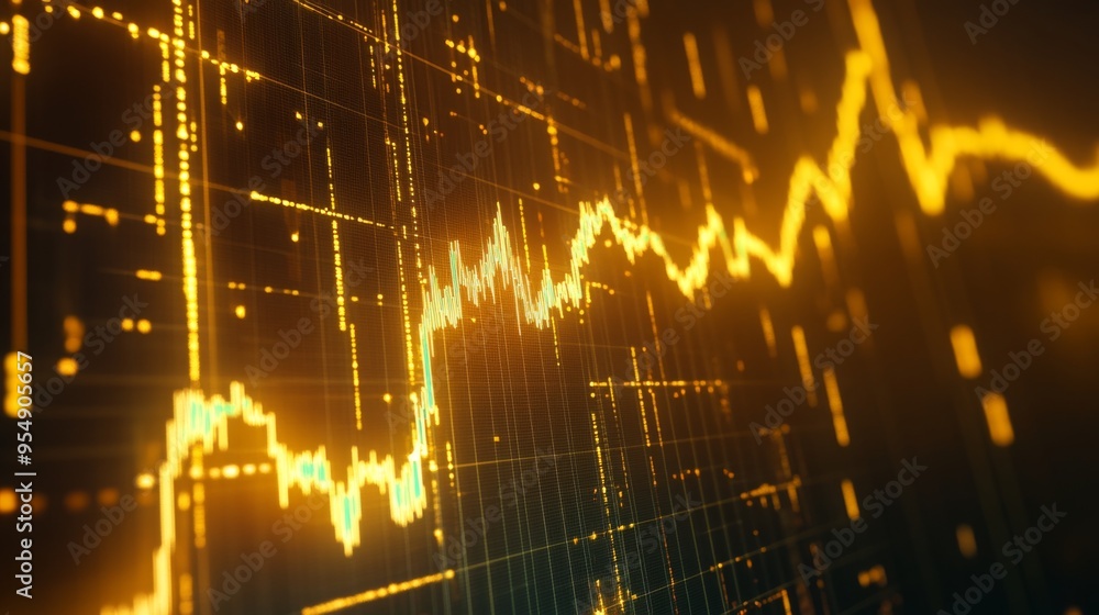 Poster a gold price graph displayed on a digital screen, with a rising trend line in gold color, representi