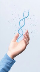 A hand holding a blue DNA strand, representing science, genetics, innovation, and biotechnology in a minimalistic setting.