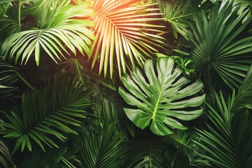 Fototapeta premium Lush tropical foliage with vibrant orange flowers