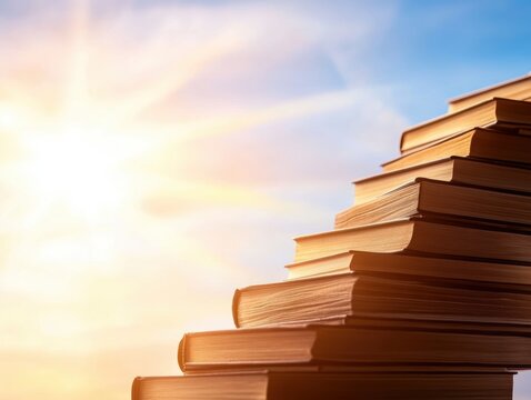 A majestic stack of books reaching towards the sun, symbolizing knowledge, growth, and enlightenment in a tranquil setting.