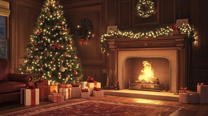 Depict a classic Christmas scene with a beautifully decorated tree, wrapped gifts underneath, and a cozy fire crackling in the fireplace.