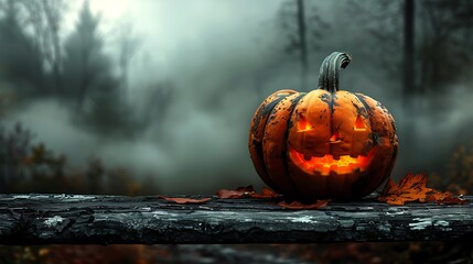 A solitary pumpkin sitting on a weathered wooden table, with a blurred background of a dark, shadowy forest, soft mist rolling in, cold moonlight creating a haunting and mysterious Halloween ambiance.