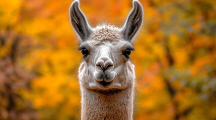 Obraz premium Close-up portrait of a llama with a colorful autumn background