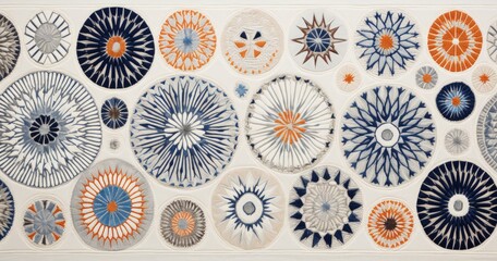 A decorative wall display featuring various circular patterns in blue, white, and orange tones.