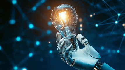 Robot hand holds a glowing light bulb representing innovation and technology on a blue background with a network effect