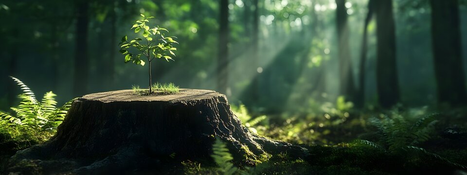 A small tree growing from the top of an old, cut-down stump in a forest clearing, symbolizing new life and growth