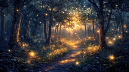 Obraz premium Magical Forest Path with Glowing Fireflies at Night.