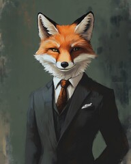 A portrait of a red fox wearing a black suit